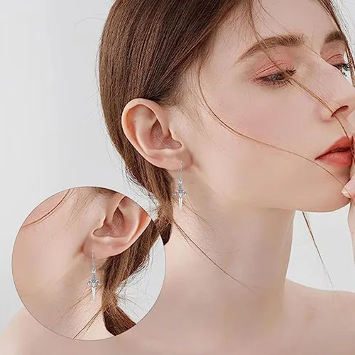 Vista 6 de Baphomet - Aretes de plata de ley 925, hipoalergénicos, con cabeza de calavera de cabra satánica, aretes colgantes con forma de espada gótica