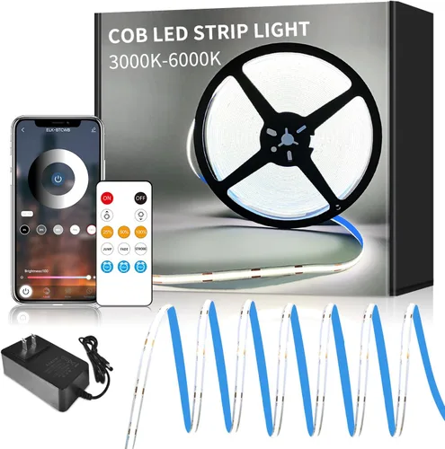 Vista 12 de Tira de luz LED COB de 32.8 pies, color blanco, regulable, CC de 24 V, 6000 K, cinta de luz LED flexible para dormitorio, con control remoto
