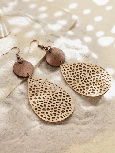 Vista 3 de MINACHI Bohemian Hollow Cut-Out Wood Leather Dangle Drop Earrings, Boho Chic Hippie Statement Jewelry Gift for Women