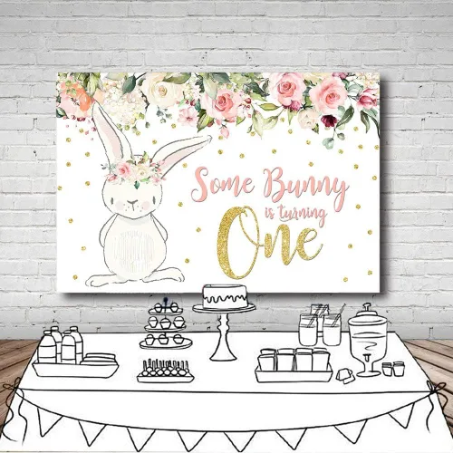 Vista 5 de MEHOFOTO - Telón de fondo para fiesta de cumpleaños de 8 x 6 pies, diseño floral rosa con purpurina dorada con texto en inglés "Some Bunny One Girl
