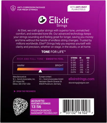 Vista 2 de Elixir, cuerdas de bronce para guitarra acústica 80/20 con recubrimiento Polyweb, extralivianas (.010-.047)