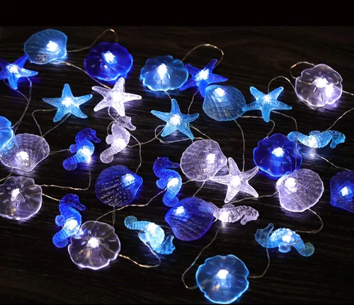 Vista 2 de WSgift Guirnalda de luces costeras, 17.5 pies, 36 luces LED de color blanco frío, decoración de playa, concha, caballito de mar, estrellas de mar