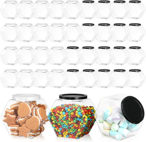 Vista 8 de Dandat 18 tarros de plástico con forma hexagonal para galletas con tapa de 28 onzas, tarro transparente de boca ancha para galletas, dulces