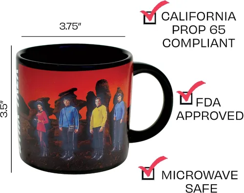 Vista 3 de Taza de café con cambio de color según temperatura con diseño de transportador Star Trek. Añada líquido caliente y Kirk, Spok, McCoy y Uhura