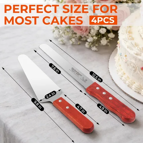 Vista 2 de Juego de 4 piezas para cortar pasteles para boda, con 2 cuchillos y 2 servidores, mango de madera y cortador de pastel de acero inoxidable
