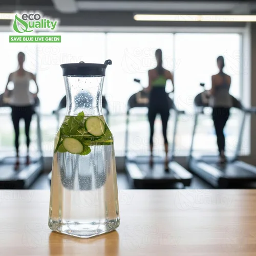 Vista 7 de EcoQuality Jarra de agua de plástico transparente de 34 onzas con tapa superior abatible negra, botella de base cuadrada con boquilla para barra