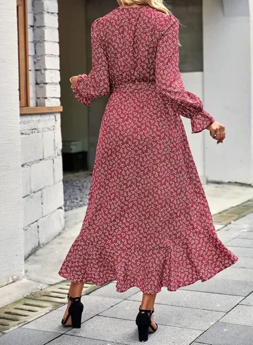 Vista 5 de BTFBM Vestido cruzado de manga larga para mujer cuello en V bohemio floral cintura alta con volantes 2023 primavera y verano maxi vestidos
