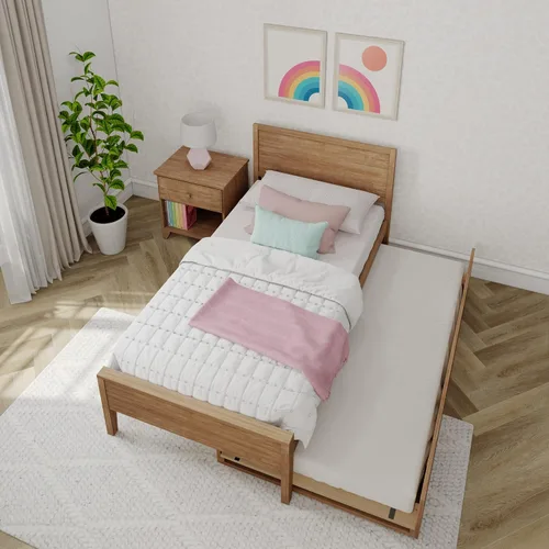 Vista 5 de Max & Lily Cama individual con nido, marco de cama individual de madera maciza con cabecera de panel, cama individual para niños con soporte de Nuez