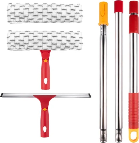 Vista 6 de Kit de limpieza de ventanas con poste extensible, escobilla de 10 pulgadas y combo de limpiador de microfibra de 11 pulgadas con poste de acero