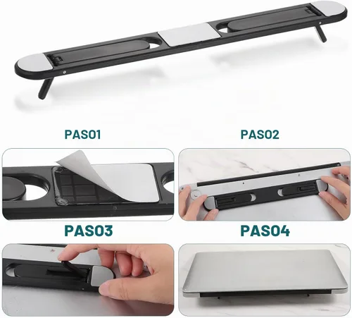 Vista 7 de Soporte elevador de teclado plegable, pies autoajustables para computadora portátil con ángulos duales, soporte para computadora pequeño, elevador