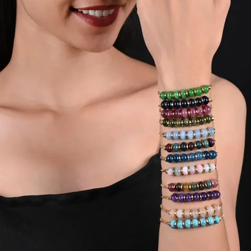 Vista 5 de Gempires - Pulsera de cuentas redondas naturales, chapada en oro amarillo de 14 quilates, joyería hecha a mano, pulseras ajustables para mujer
