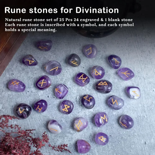 Vista 5 de Crocon Juego de 25 piedras preciosas de amatista con alfabeto de Futhark de saúco, símbolo grabado, juego de 25 piezas para Feng Shui, equilibrio