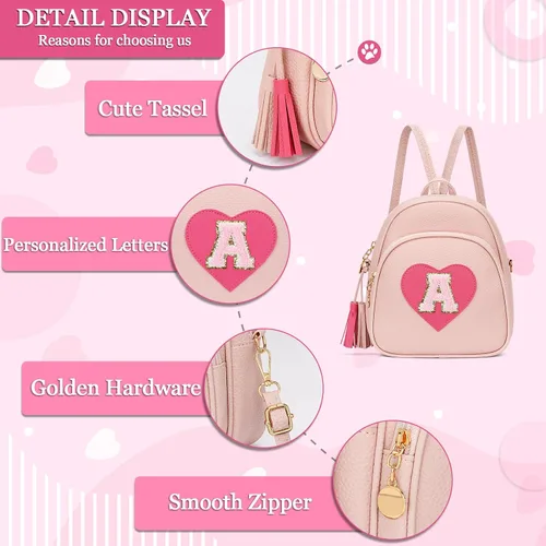 Vista 5 de Mini mochila inicial para niñas, linda mochila pequeña con corazón para niños, con borla, regalos personalizados para adolescentes y mujeres, Rosa, A