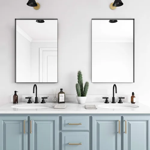 Vista 2 de Better Bevel - Espejo rectangular enmarcado de 24 x 36 pulgadas, espejo de pared de baño, fabricado en Estados Unidos, marco de acero, acabado negro
