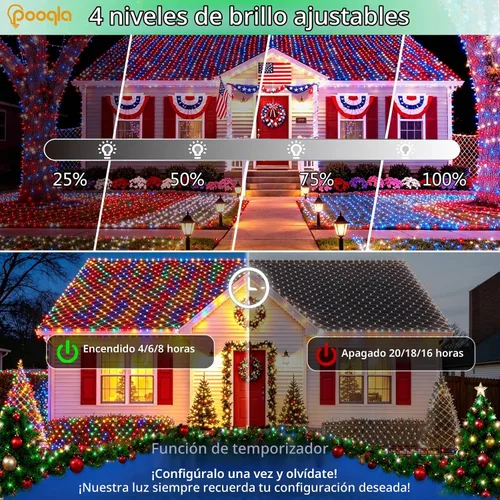 Vista 5 de Pooqla 34 Colors Changing Net Lights Outdoor Solar & USB Powered, 6.5x6.5ft