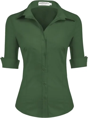 Vista 13 de HOTOUCH Camisa de manga 3/4 con botones para mujer, blusas de trabajo ajustadas, camisas de vestir de algodón, camisas de oficina