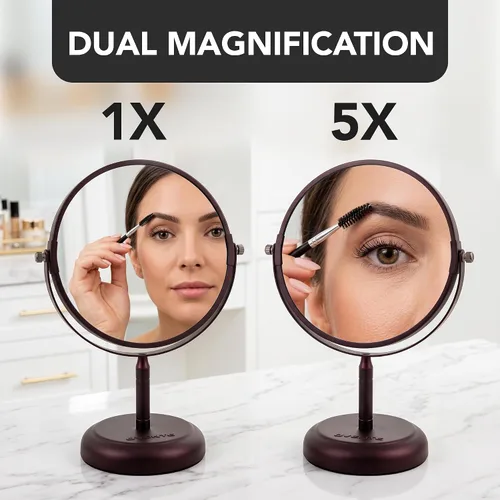 Vista 3 de OVENTE Espejo de maquillaje de mesa de 7 pulgadas, aumento de 1X y 5X, lupa redonda giratoria de doble cara, ideal para aparadores, tocador, oficina