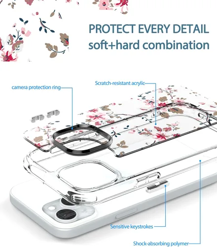 Vista 5 de Feitenn Funda para iPhone 15, policarbonato transparente + TPU suave a prueba de golpes, diseño de flores Beatuy con protector de pantalla de vidrio