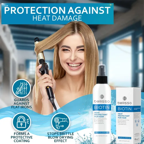 Vista 5 de BELLISSO Spray protector térmico de biotina para cabello con aceite de argán marroquí y biotina champú y acondicionador y suero de biotina