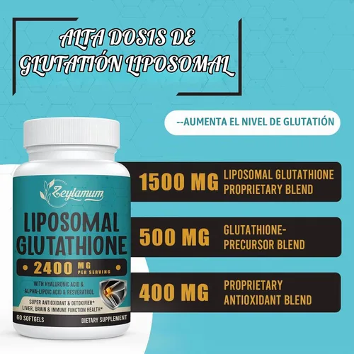 Vista 3 de Zeylamum Cápsulas blandas de glutatión liposomal de 2400 MG, absorción máxima, forma activa reducida de L-glutatión (GSH), con ácido hialurónico