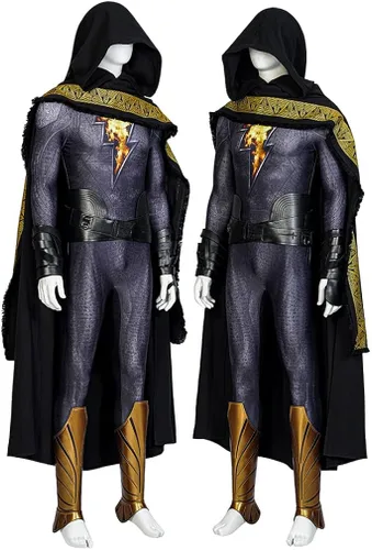 Vista 2 de Teth Adam - Overol negro para cosplay, disfraz de Shazam masculino, capa de héroe Billy Batson, traje de Halloween y carnaval
