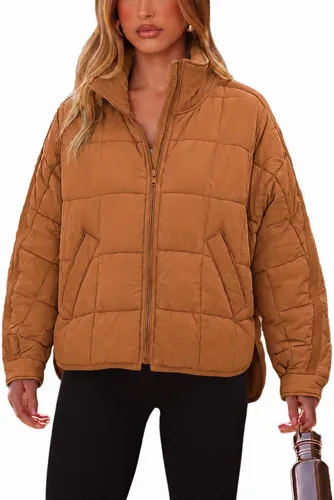 Vista 9 de Omoone Chaqueta acolchada con cremallera para mujer, ligera y acolchonada, con capucha, de gran tamaño Verde militar