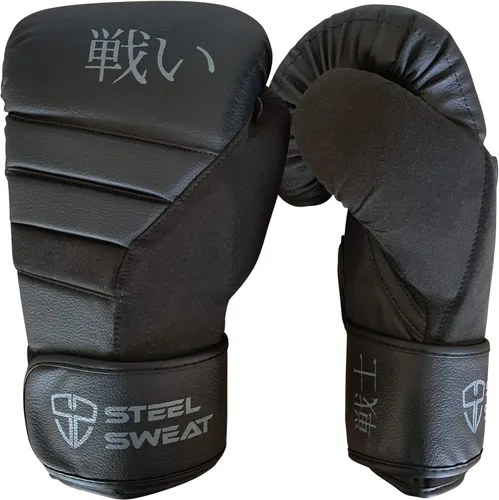 Vista 7 de Steel Sweat Guantes de boxeo – Guantes de entrenamiento para boxeo, sparring, kickboxing y Muay Thai – Hombres y mujeres – Senshi Black 10 oz