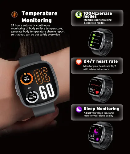 Vista 3 de Reloj inteligente resistente al agua, pantalla táctil HD de 1.72 pulgadas, rastreador avanzado de salud con más de 100 modos de ejercicio, Negro