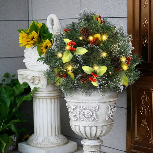 Vista 8 de Glintoper - Relleno de urna de Navidad preiluminado, árboles de pino artificiales mini iluminados de Navidad con soporte de trípode, encendido con 8