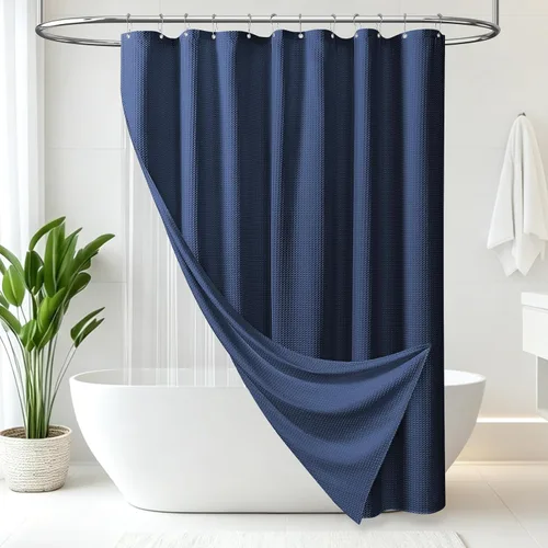 Vista 8 de 3 in 1 Waffle Shower Curtain Set with PEVA Liner 72Wx72H Navy Blue Azul marino