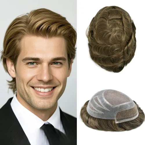 Vista 11 de Toupee - Piezas de pelo para hombres, cabello humano real, sistema de reemplazo de cabello francés, encaje francés, extensiones de cabello
