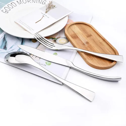 Vista 2 de Juego de cubiertos de 24 piezas, espejo de acero inoxidable 18/10, servicio de vajilla de lujo para 4, cuchillo de carne, postre, accesorios