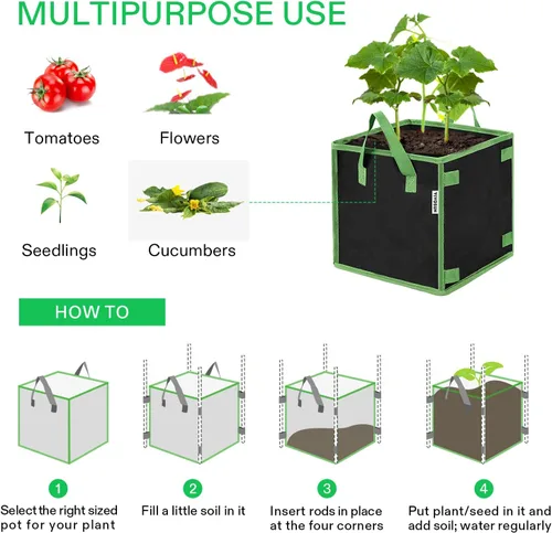 Vista 4 de VIVOSUN Paquete de 5 bolsas de cultivo cuadradas de 3 galones, macetas gruesas de tela cúbica no tejida con asas para jardinería interior y exterior