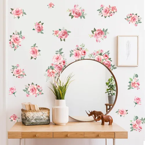 Vista 5 de Calcomanías de pared de flores rosas y hojas verdes, calcomanías de pared extraíbles para jardín para dormitorio y sala de estar