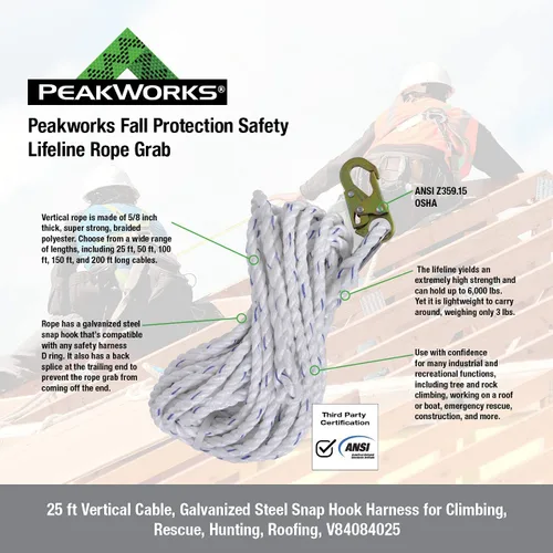 Vista 7 de Peakworks Línea de vida vertical estándar – Cuerda de poliacero de 5/8 pulgadas con gancho a presión – Industrial, construcción, techos, protección