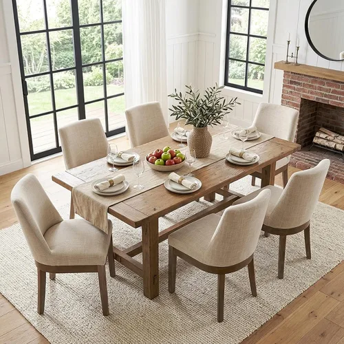 Vista 9 de HNY Juego de 2 sillas de comedor modernas con cómodo soporte de espalda, sillas de comedor tapizadas de lino suave con patas de madera maciza