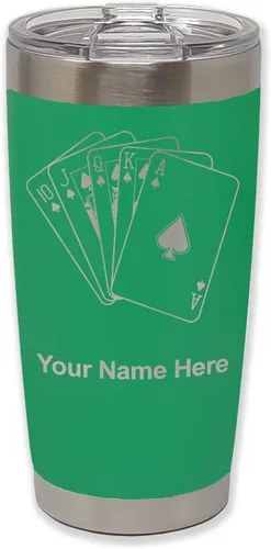 Vista 7 de LaserGram Vaso aislado al vacío de 20 onzas, tarjetas de póquer Royal Flush con grabado personalizado incluido (negro)