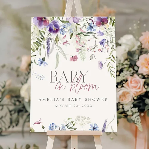Vista 22 de Letrero de bienvenida personalizado de flores silvestres para baby shower, letrero floral bohemio para baby shower, letrero con nombre personalizado