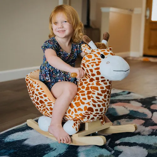 Vista 2 de Qaba Juguete de Caballo Mecedor de Peluche para Niños Estilo Jirafa con Canción para 18-36 Meses, Marrón Estilo de caballo mecedora de jirafa