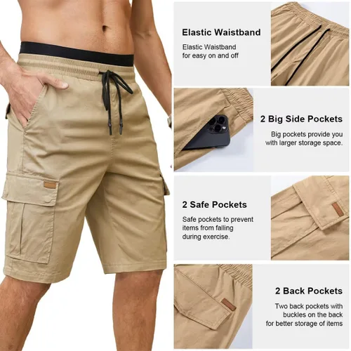 Vista 3 de Pantalones cortos cargo para hombre, cintura elástica, cordón elástico, pantalones cortos de golf al aire libre con 6 bolsillos