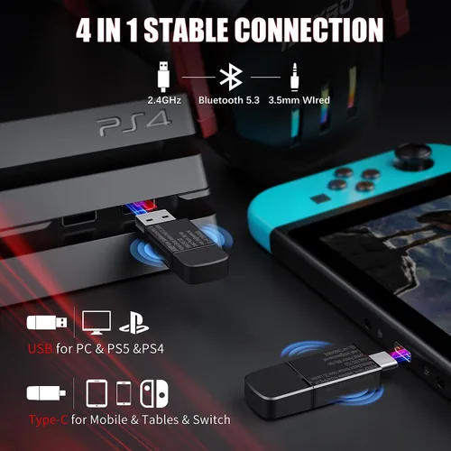 Vista 6 de Auriculares inalámbricos para juegos de 2.4 GHz USB y tipo C para PC, PS4, PS5, Switch, auriculares Bluetooth 5.3 para juegos con micrófono