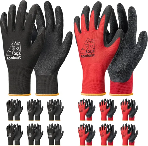 Vista 29 de toolant Guantes de trabajo de látex arrugado a granel, guantes de seguridad con revestimiento de goma para hombres y mujeres, 12 pares para Negro