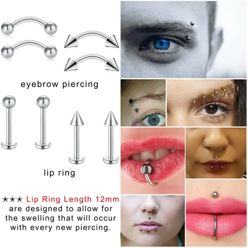 Vista 6 de JIESIBAO Juego de 66-113 piercings mixtos para todos los piercings de acero inoxidable 14G 16G 18G 20G nariz tabique cartílago tragus, aretes