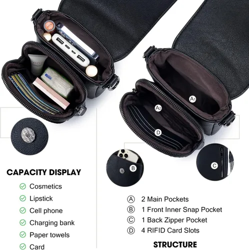 Vista 5 de POIUGOYA Bolsos cruzados pequeños para mujer, a la moda, de cuero, con triple compartimento, para teléfono celular, con correa ajustable