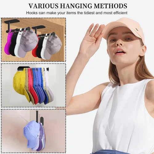 Vista 4 de Eiito Percheros para gorras de béisbol, ganchos adhesivos para sombreros para pared, percha de gorra de béisbol de acero inoxidable (negro)
