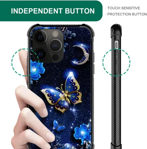 Vista 4 de Funda compatible con iPhone 14 Pro, fundas para mujeres y niñas, cielo azul, flor, luna y mariposa