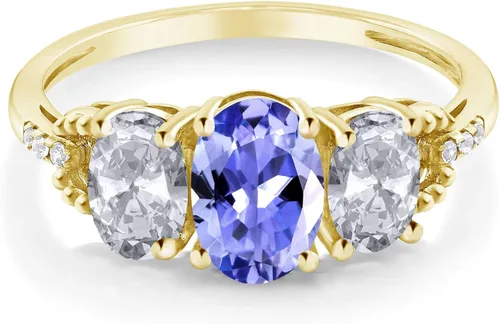 Vista 2 de Gem Stone King Anillo de compromiso de oro amarillo de 10 quilates con acento de diamante de tanzanita azul y topacio blanco para mujer