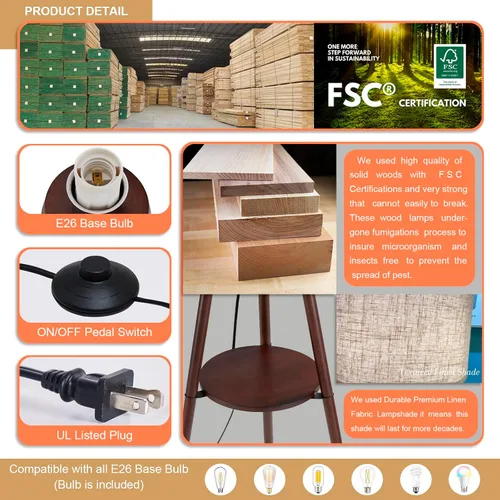 Vista 4 de Lámpara de pie con trípode de madera Baobab Tree Park BTP para sala de estar, bombilla LED de 3 temperaturas de color incluida, lámpara de pie