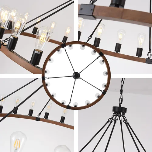 Vista 9 de Candelabro de Rueda de Vagón de Madera de 15 Luces, Candelabro de Granja Rústico Vintage con Bombillas E26, 32" Candelabro Industrial