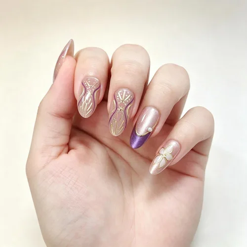 Vista 26 de Uñas postizas a presión medianas con diseño geométrico blanco almendra – 24 uñas postizas reutilizables de ABS brillante, fácil de aplicar, juego